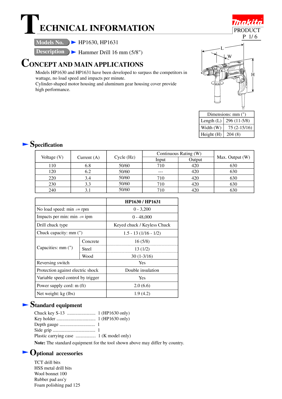 Makita HP1631, HP1630 specifications Specification, Standard equipment, Optional accessories 