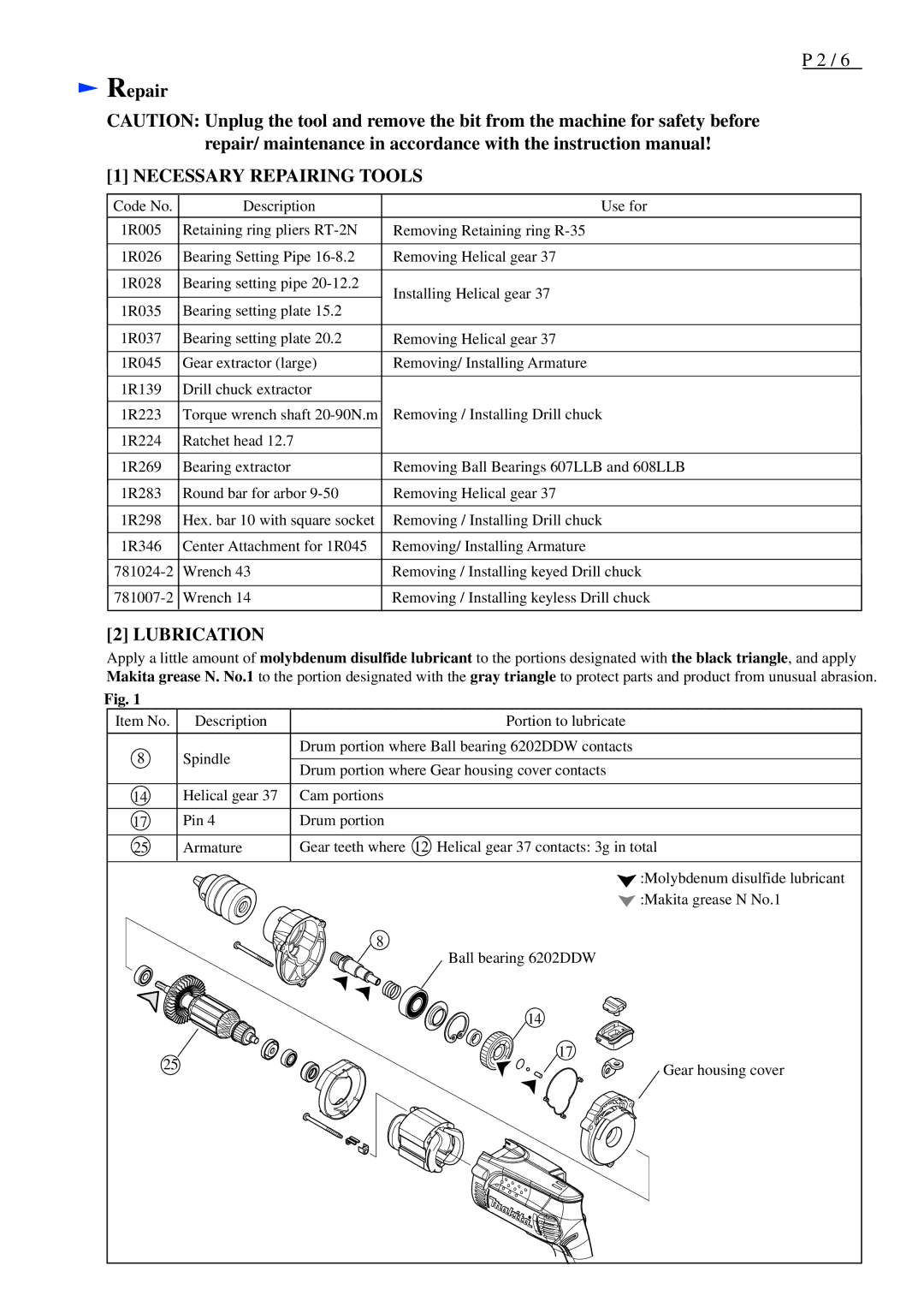 Makita HP1630, HP1631 specifications Necessary Repairing Tools, Lubrication 