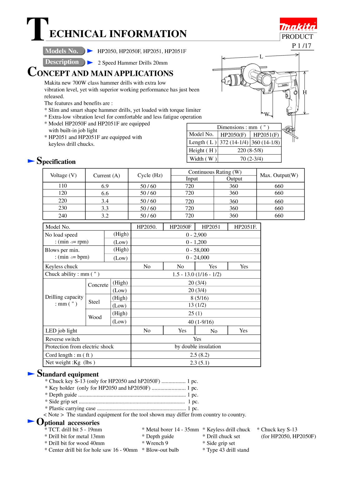 Makita HP2050F, HP2051F specifications Specification, Standard equipment, Optional accessories 