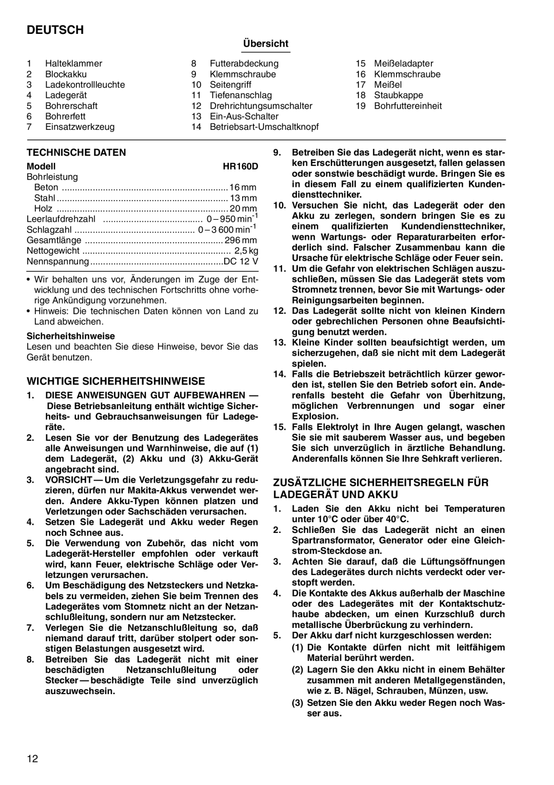 Makita HR160D Deutsch, Wichtige Sicherheitshinweise, Zusätzliche Sicherheitsregeln FÜR Ladegerät UND Akku, Übersicht 