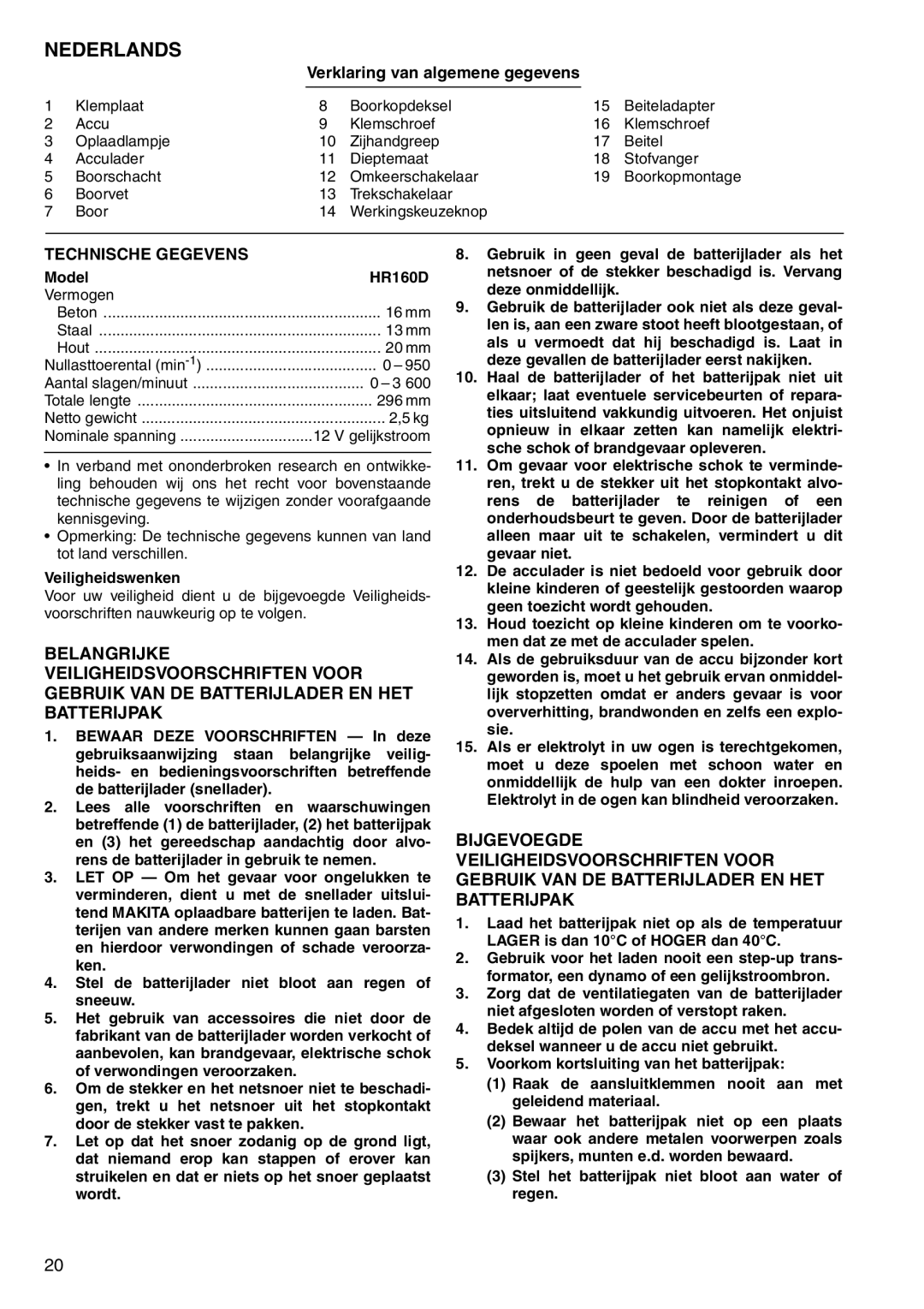 Makita HR160D instruction manual Nederlands, Verklaring van algemene gegevens, Technische Gegevens, Veiligheidswenken 