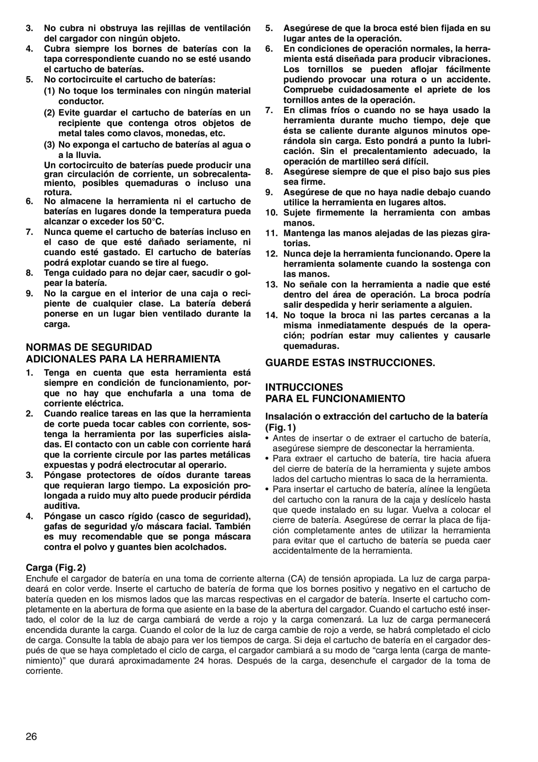 Makita HR160D instruction manual Normas DE Seguridad Adicionales Para LA Herramienta, Carga Fig 