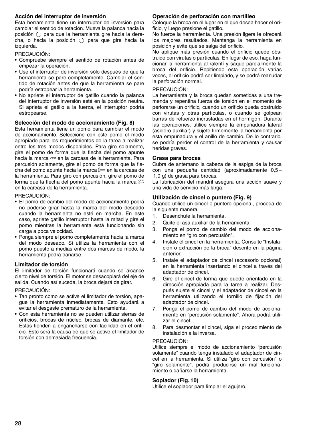 Makita HR160D Acción del interruptor de inversión, Selección del modo de accionamiento Fig, Limitador de torsión 