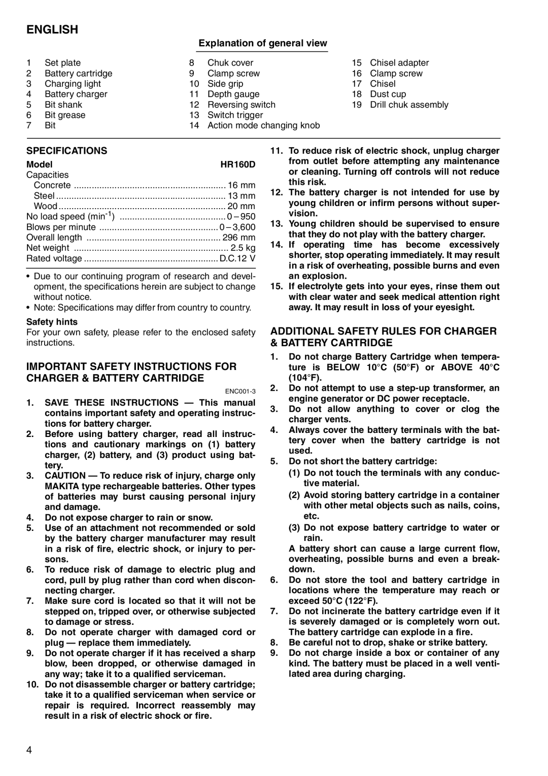 Makita HR160D English, Additional Safety Rules for Charger & Battery Cartridge, Explanation of general view 