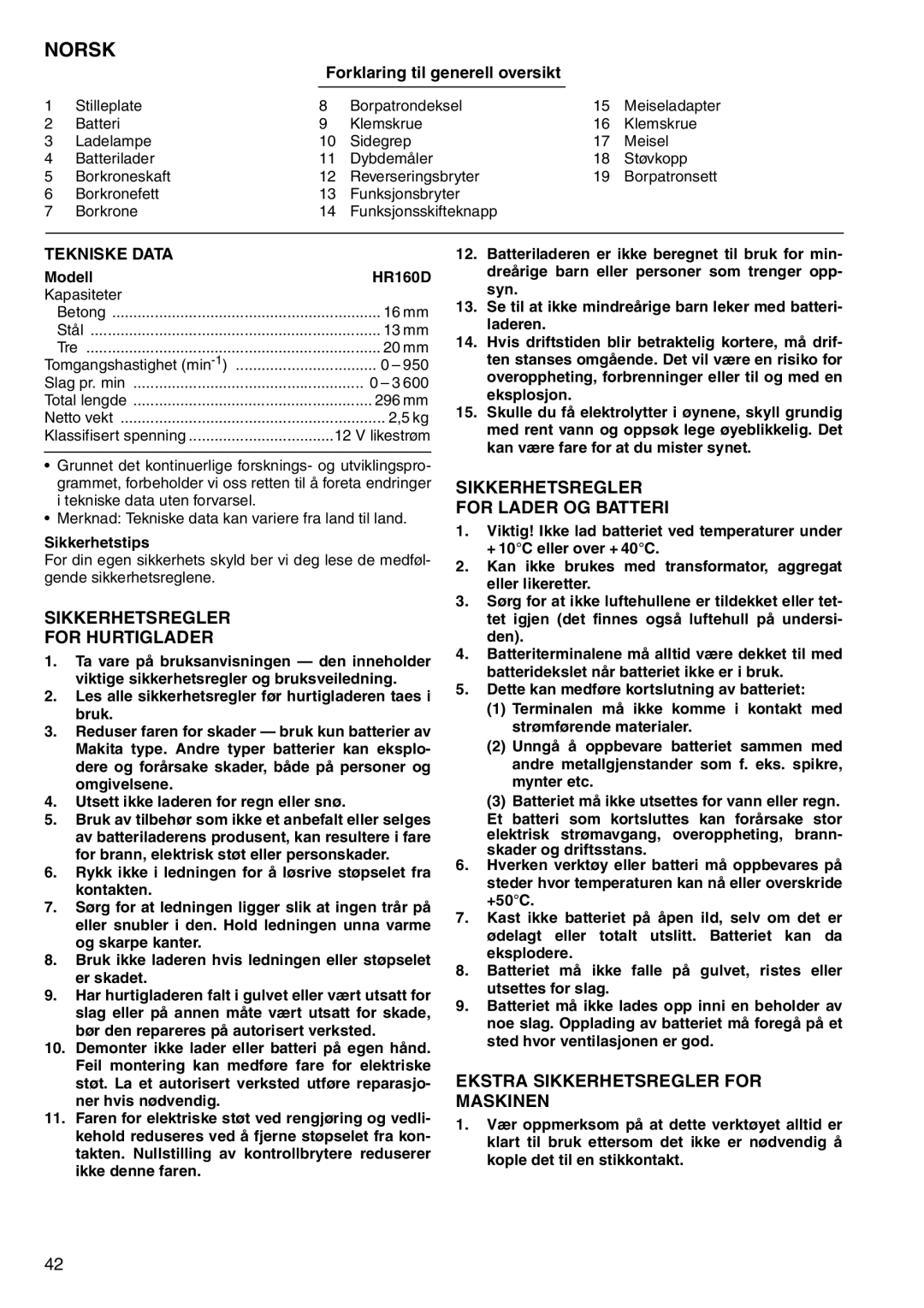 Makita HR160D Norsk, Sikkerhetsregler For Hurtiglader, Sikkerhetsregler For Lader OG Batteri, Tekniske Data 