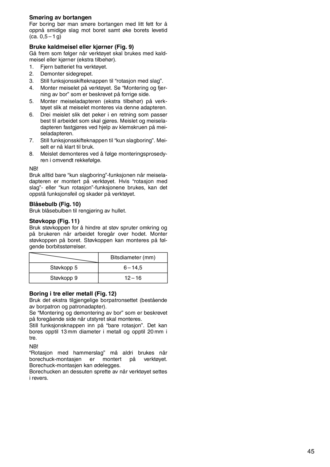 Makita HR160D instruction manual Smøring av bortangen, Bruke kaldmeisel eller kjørner Fig, Blåsebulb Fig, Støvkopp Fig 