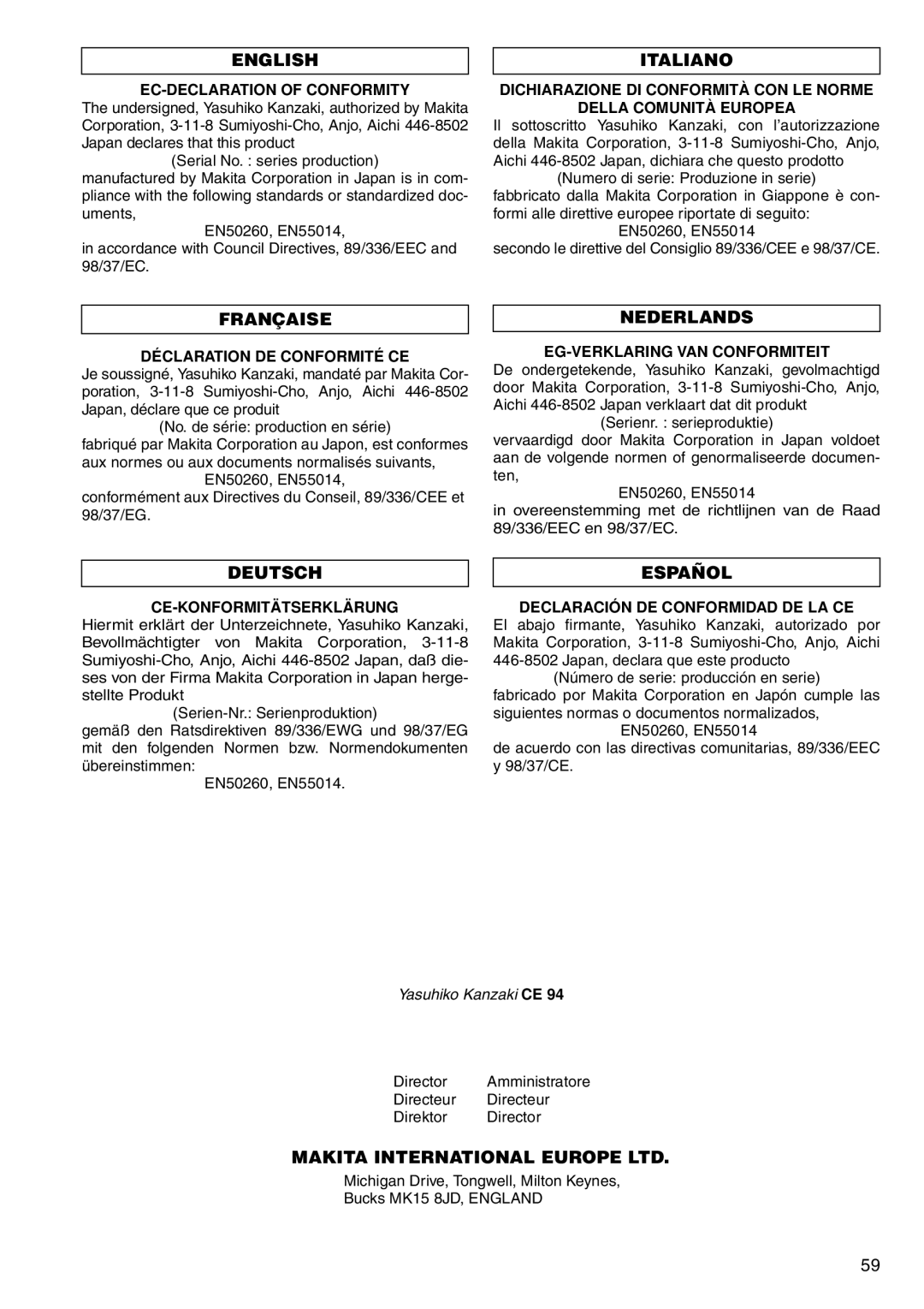 Makita HR160D instruction manual English, Italiano, Française, Nederlands, Deutsch, Español 