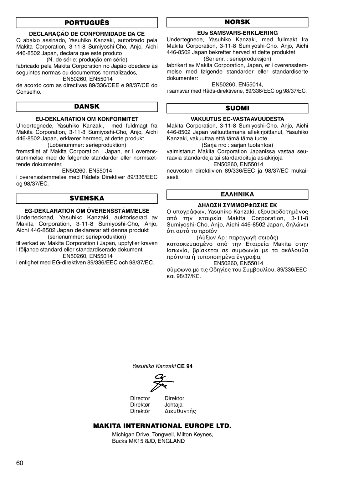 Makita HR160D instruction manual Português, Norsk, Dansk, Suomi, Svenska 