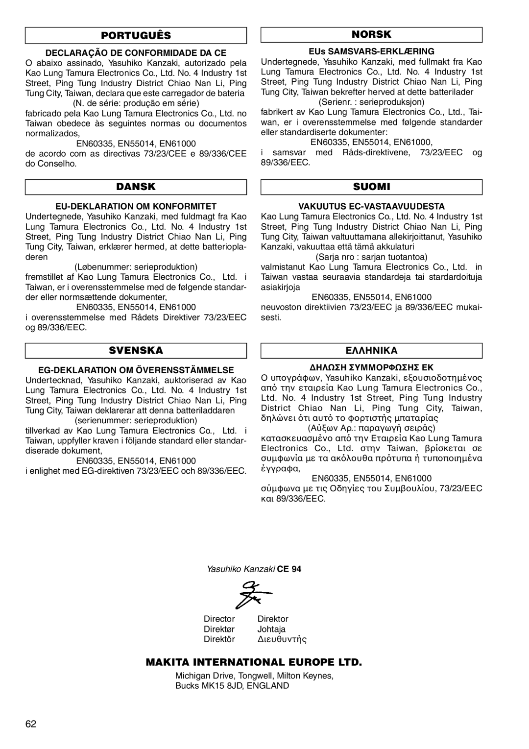 Makita HR160D instruction manual ∆ΗΛΩΣΗ Συμμησ ΕΚ πγράφων, Yasuhiko Kanzaki, ευσιδτηµένς 