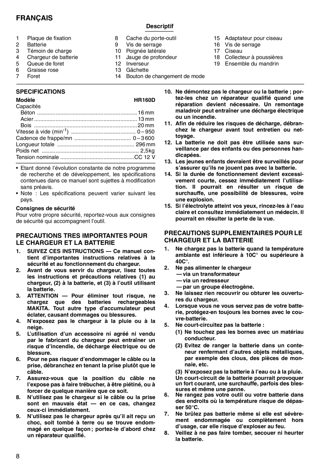 Makita Français, Precautions Supplementaires Pour LE Chargeur ET LA Batterie, Descriptif, Modèle HR160D 