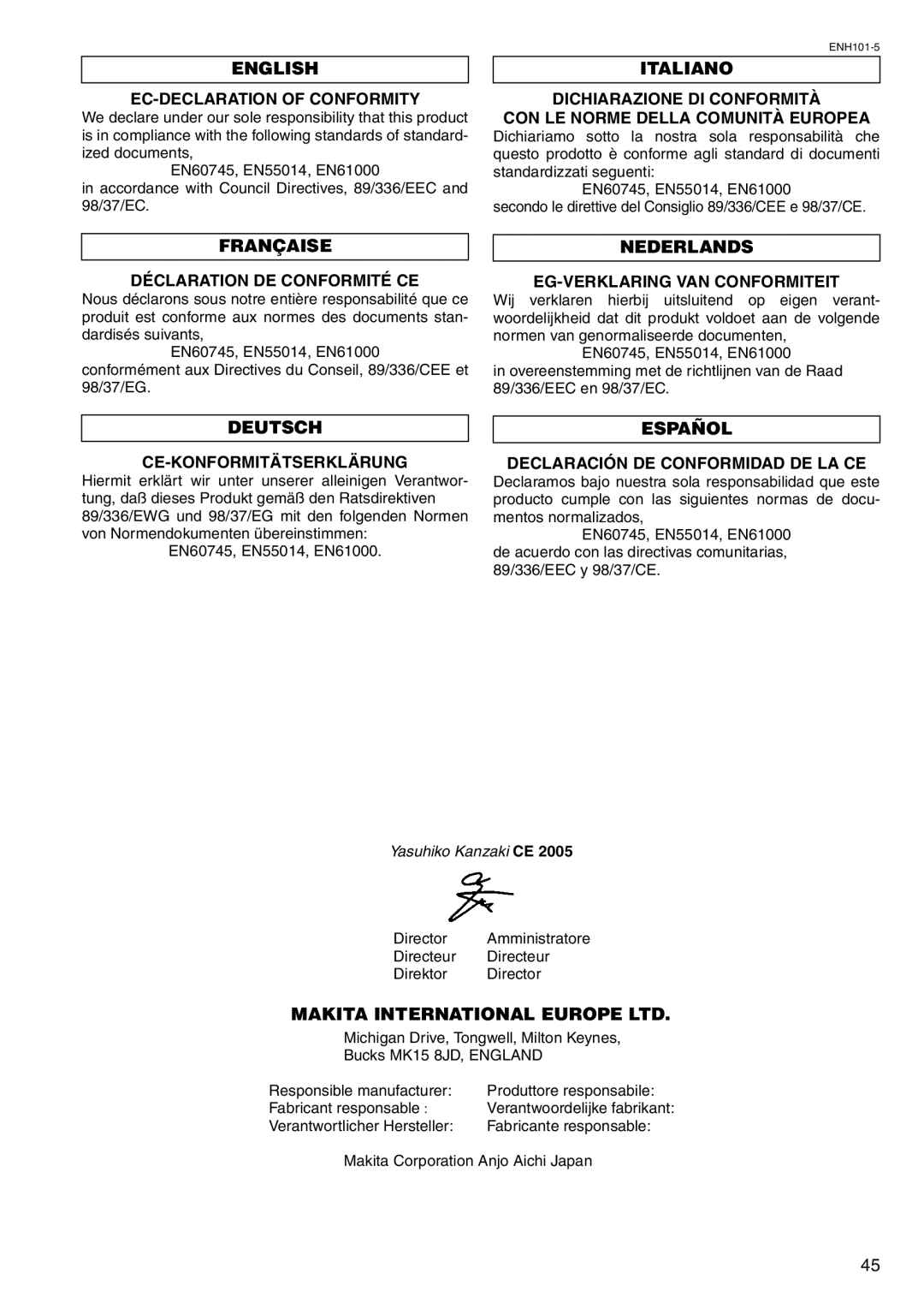 Makita HR1830 instruction manual English, Italiano, Française, Nederlands, Deutsch, Español 