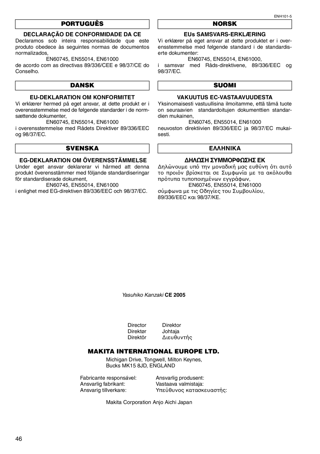 Makita HR1830 instruction manual Português, Norsk, Dansk, Suomi, Svenska 