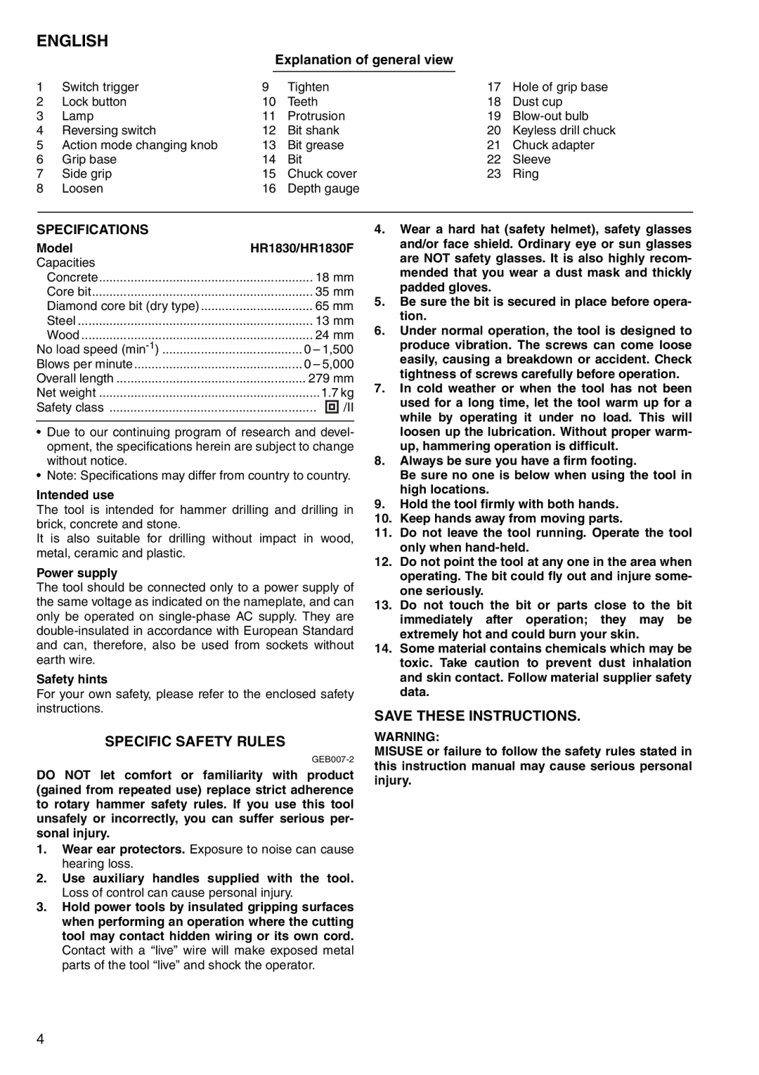 Makita HR1830 instruction manual Specific Safety Rules, Explanation of general view, Specifications 