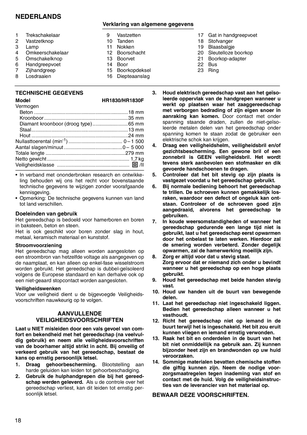 Makita HR1830 Aanvullende Veiligheidsvoorschriften, Bewaar Deze Voorschriften, Verklaring van algemene gegevens 