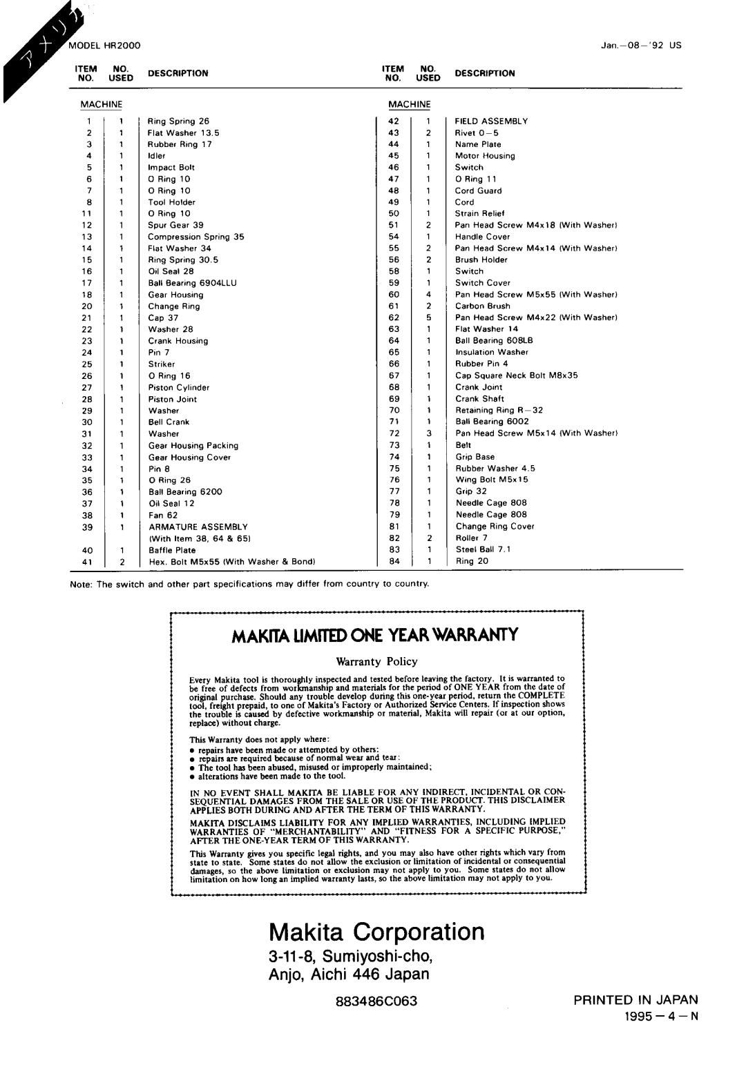 Makita HR2000 instruction manual Makita Corporation 