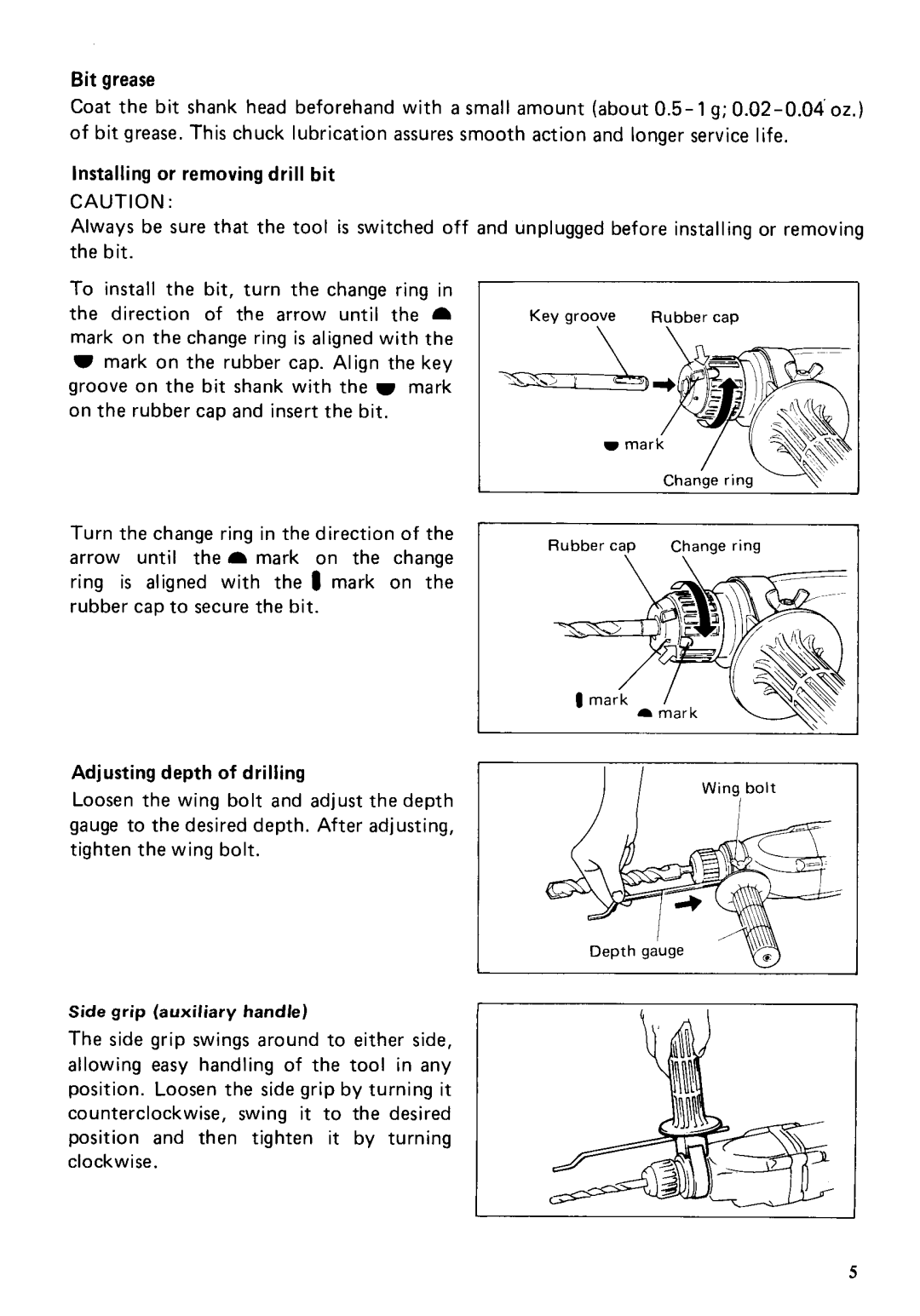 Makita HR2000 instruction manual Bit grease, Installing or removing drill bit, Adjusting depth of drilling 