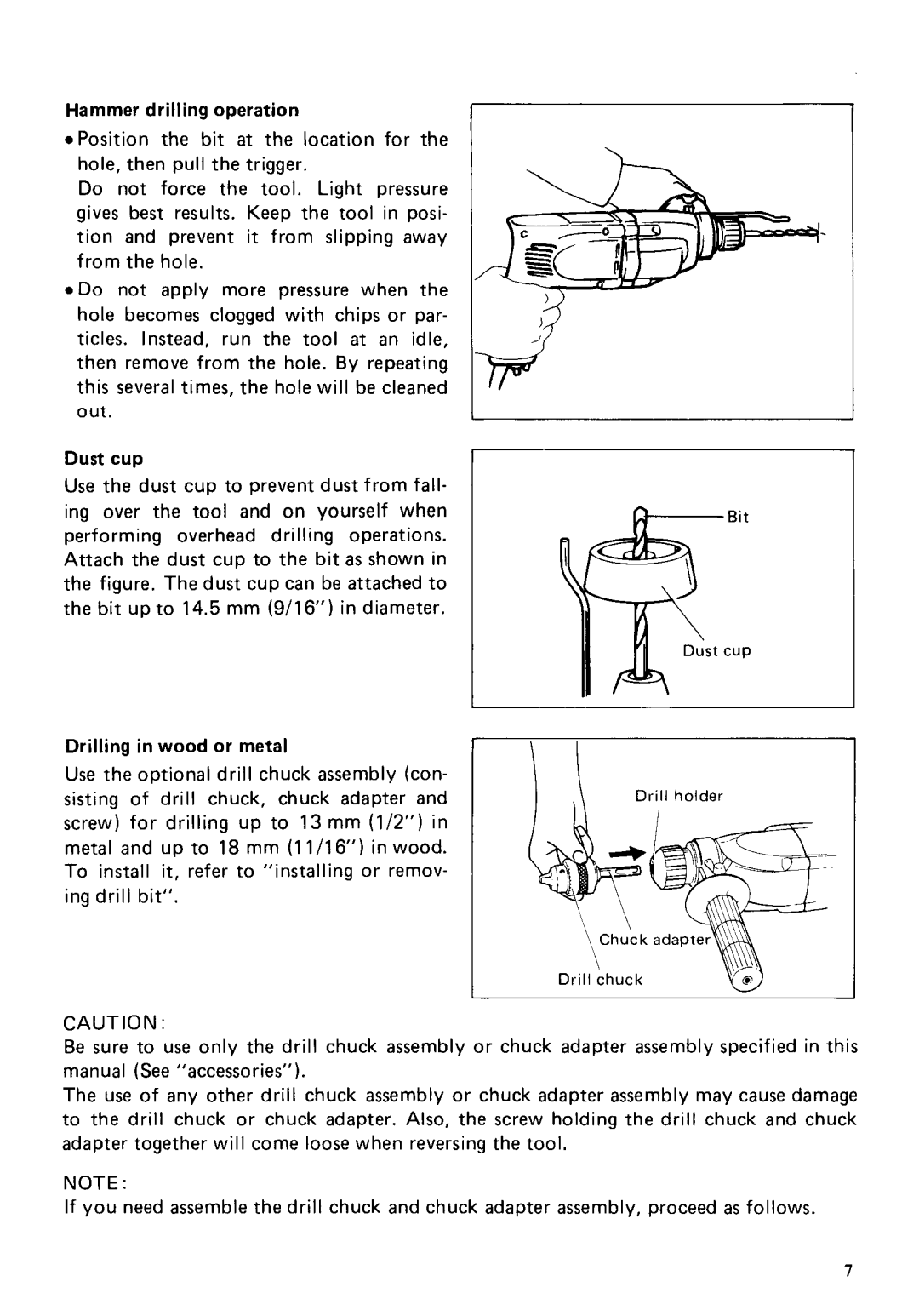 Makita HR2000 instruction manual Hammer drilling operation, Dust cup, Drilling in wood or metal 