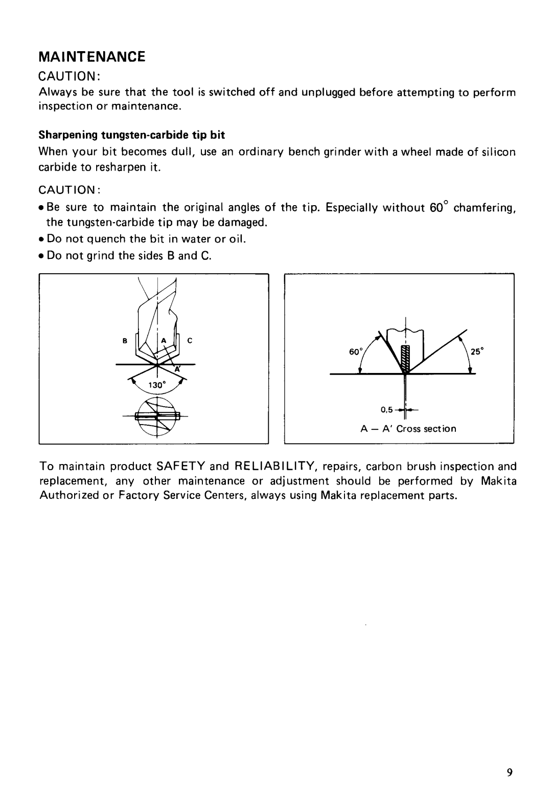 Makita HR2000 instruction manual Maintenance, Sharpening tungsten-carbide tip bit 