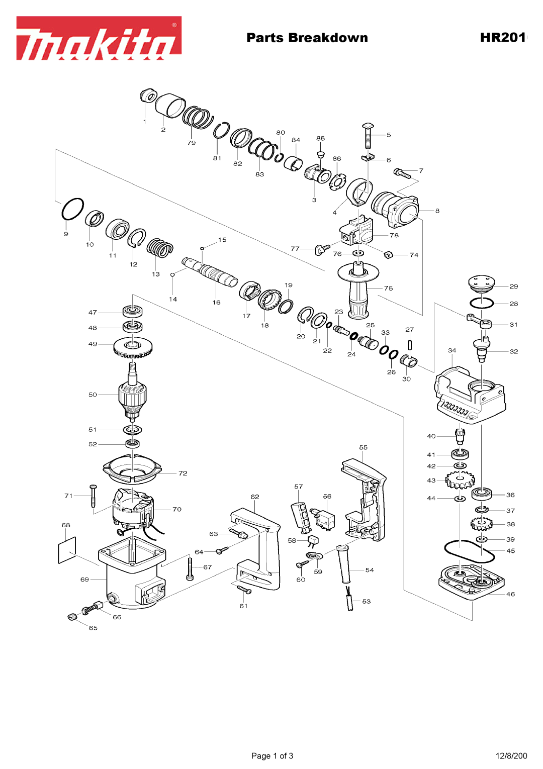 Makita HR201 manual Parts Breakdown 