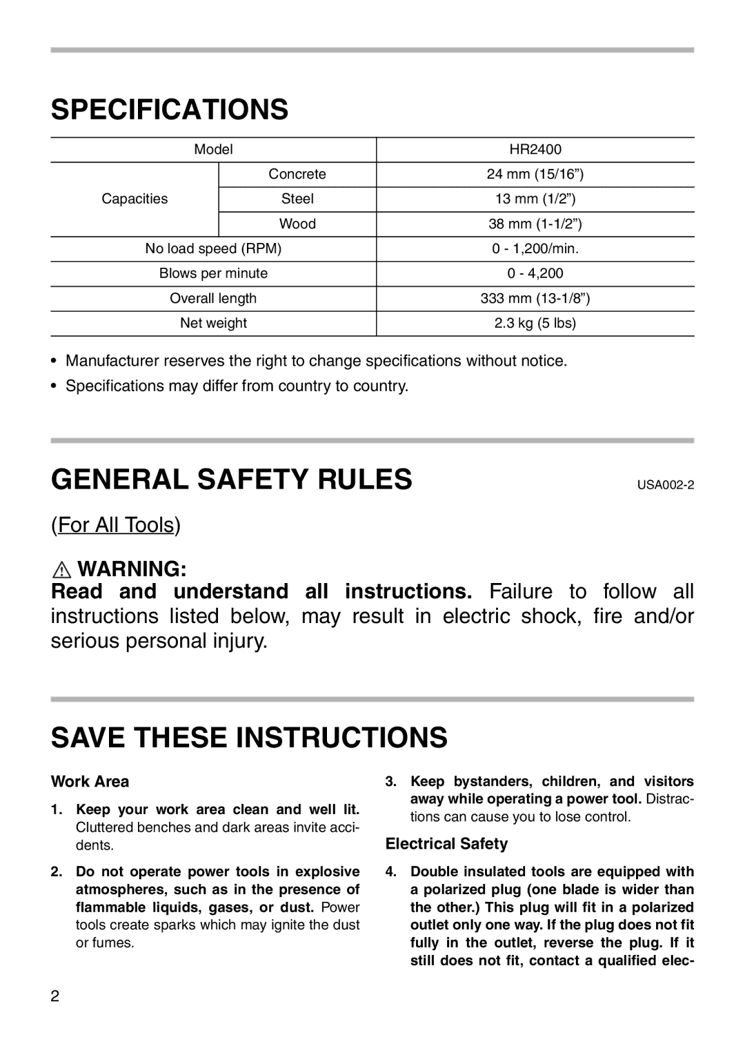 Makita HR2400 instruction manual Specifications 