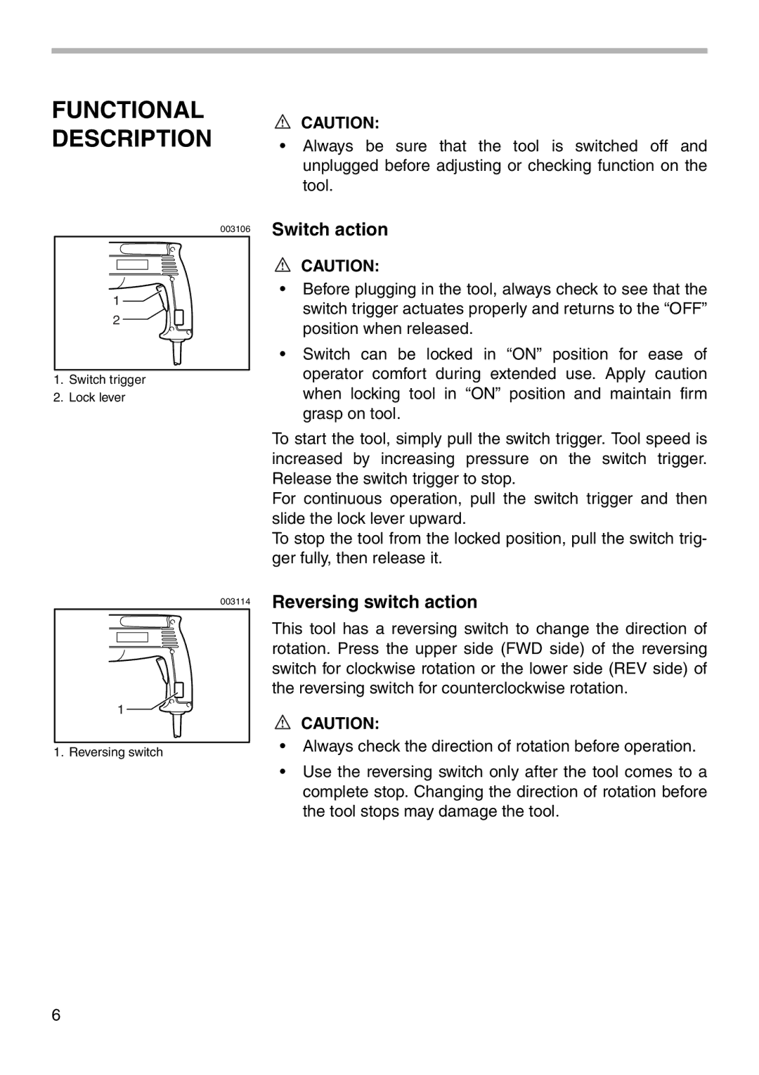 Makita HR2400 instruction manual Functional Description, Switch action, Reversing switch action 