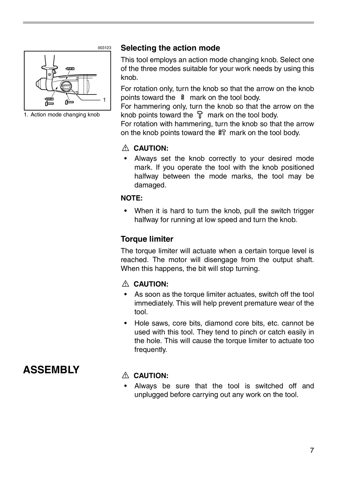 Makita HR2400 instruction manual Assembly, Selecting the action mode, Torque limiter 