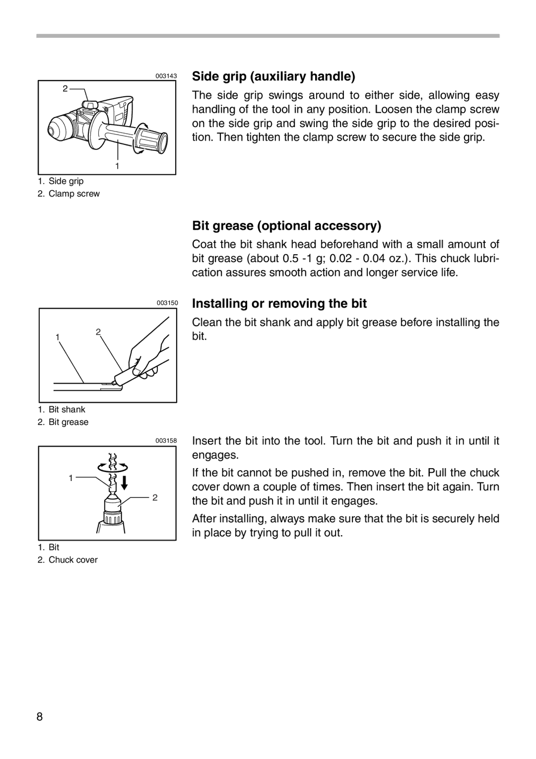 Makita HR2400 instruction manual Side grip auxiliary handle, Bit grease optional accessory, Installing or removing the bit 