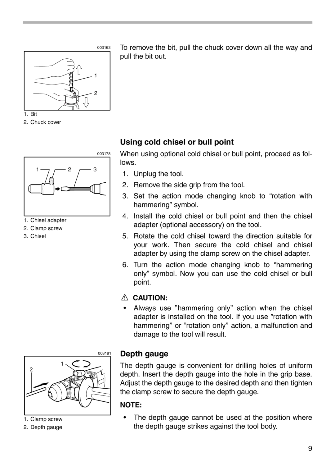 Makita HR2400 instruction manual Using cold chisel or bull point, Depth gauge 