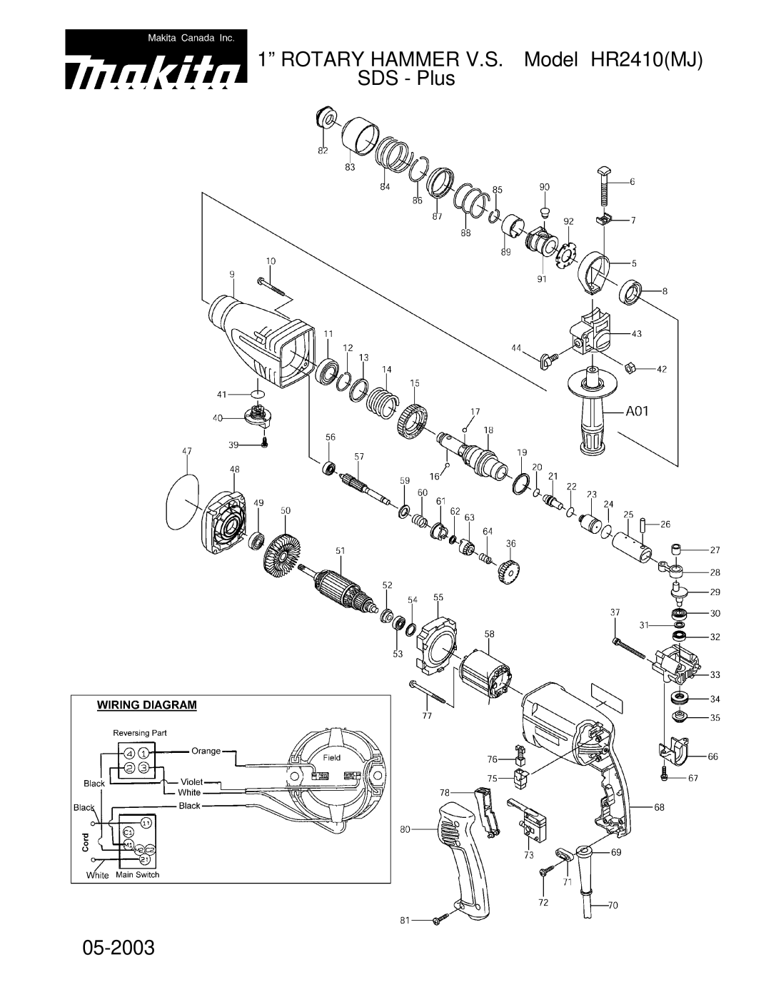 Makita manual Rotary Hammer V.S. Model HR2410MJ SDS Plus 05-2003 