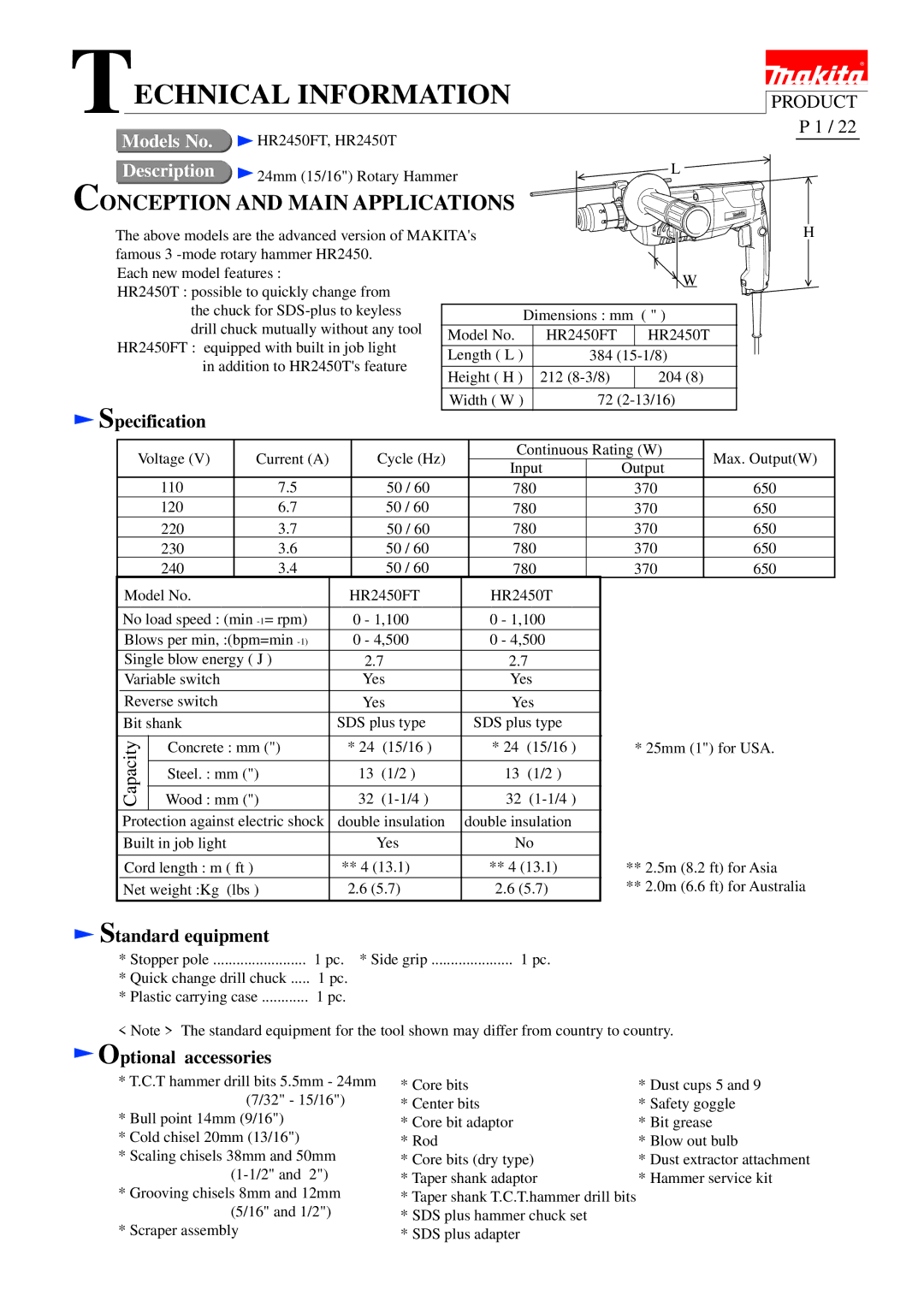 Makita HR2450FT, HR2450T specifications Specification, Standard equipment, Optional accessories 