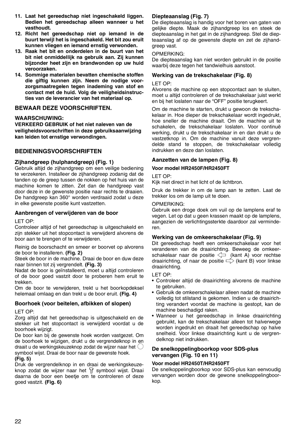 Makita HR2450F/FT, HR2450X, HR2450/T instruction manual Bewaar Deze Voorschriften, Bedieningsvoorschriften, Waarschuwing 