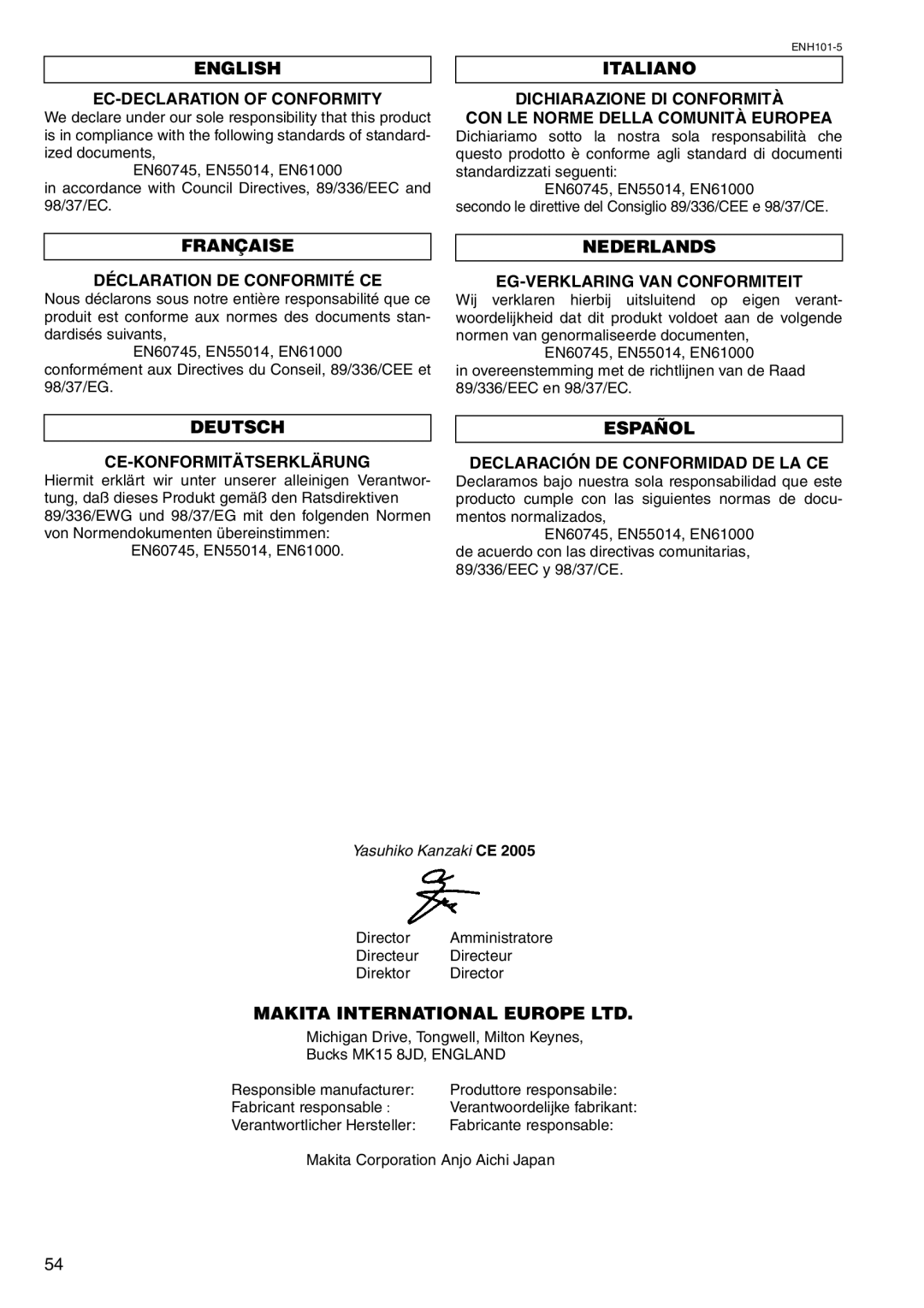 Makita HR2450F/FT, HR2450X, HR2450/T instruction manual English, Italiano, Française, Nederlands, Deutsch, Español 