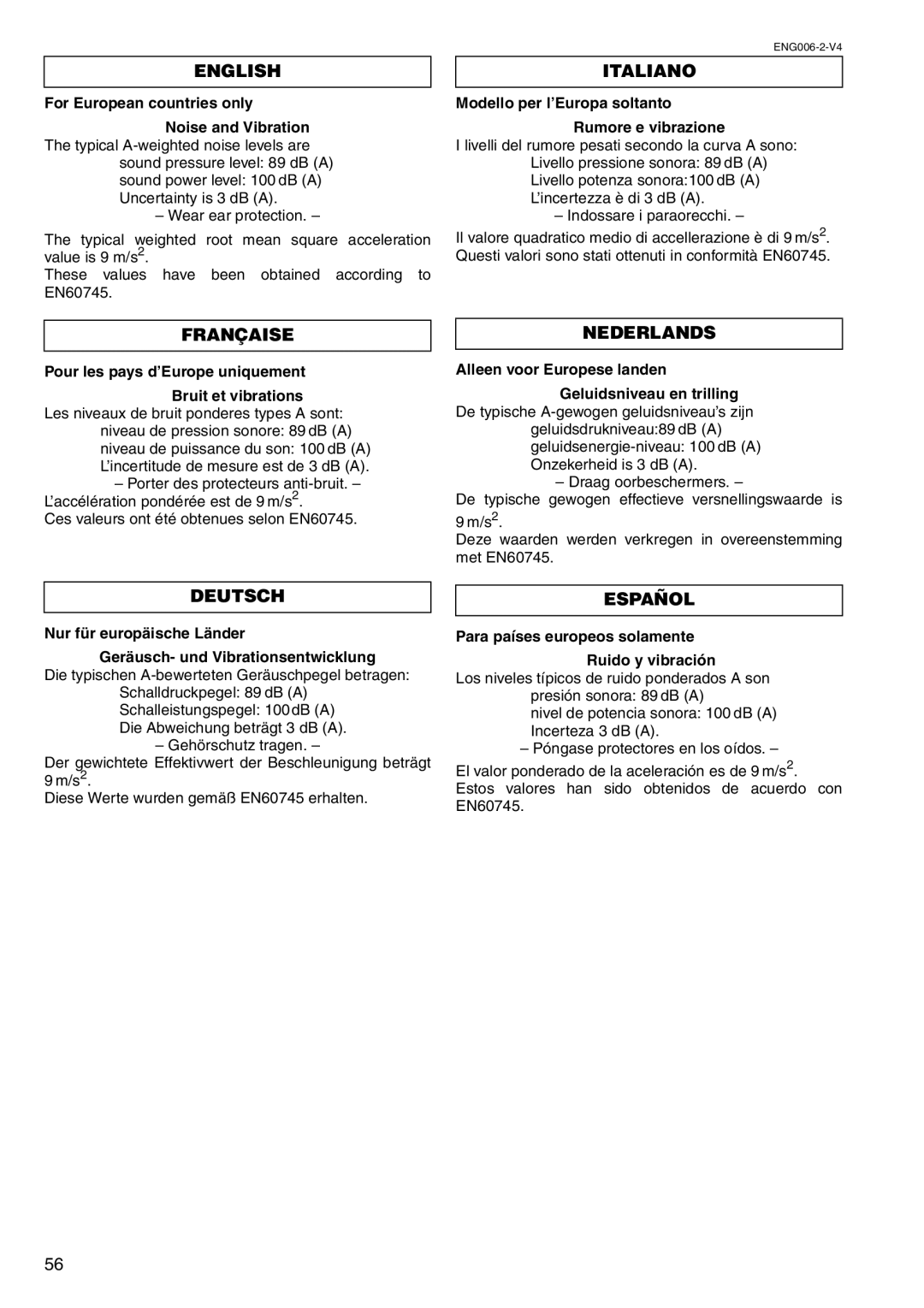 Makita HR2450X, HR2450F/FT, HR2450/T instruction manual Deutsch Español, Modello per l’Europa soltanto Rumore e vibrazione 