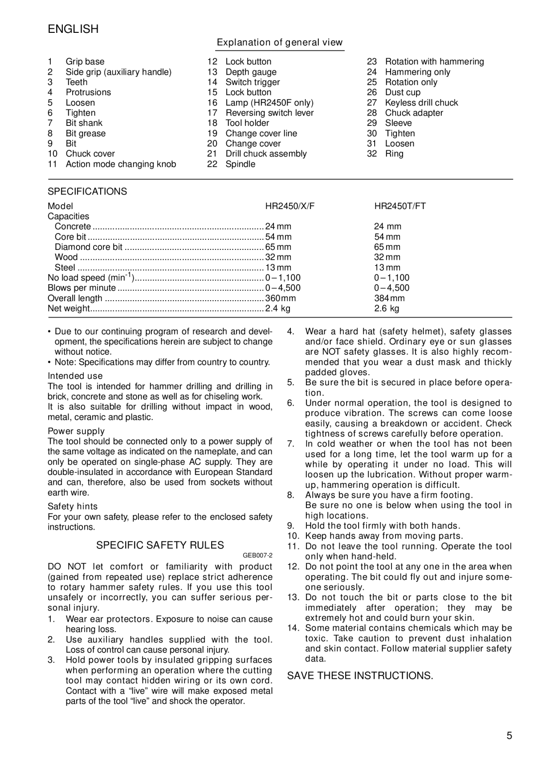 Makita HR2450/T, HR2450X, HR2450F/FT instruction manual Specific Safety Rules, Explanation of general view, Specifications 