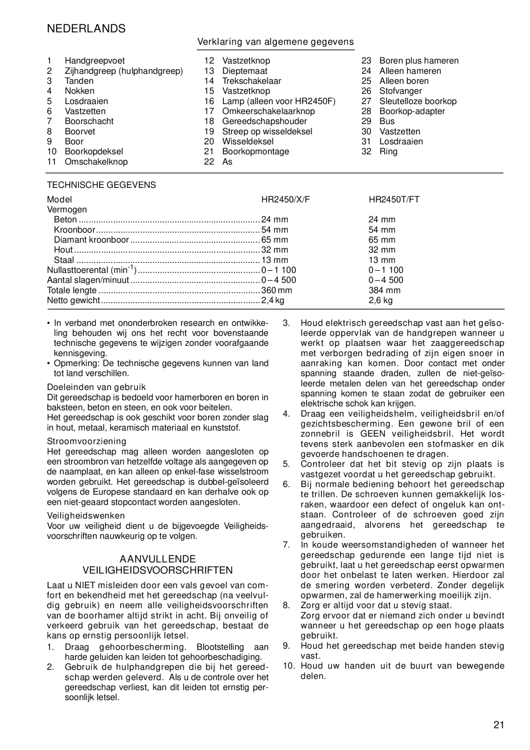 Makita HR2450X, HR2450F/FT Aanvullende Veiligheidsvoorschriften, Verklaring van algemene gegevens, Doeleinden van gebruik 