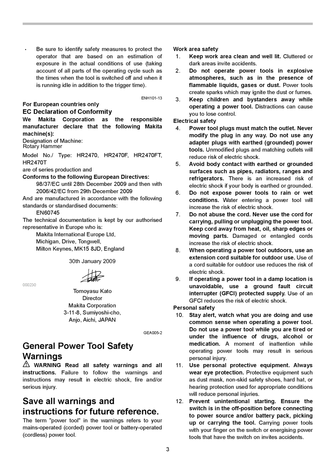 Makita HR2470T, HR2470FT instruction manual EC Declaration of Conformity, For European countries only 