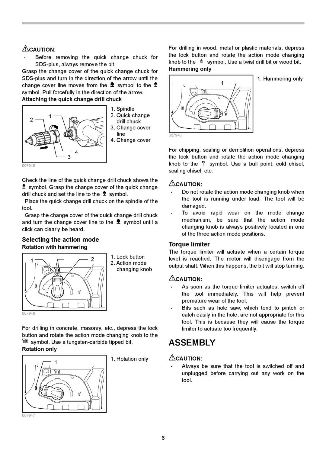 Makita HR2470FT, HR2470T instruction manual Assembly, Selecting the action mode, Torque limiter 