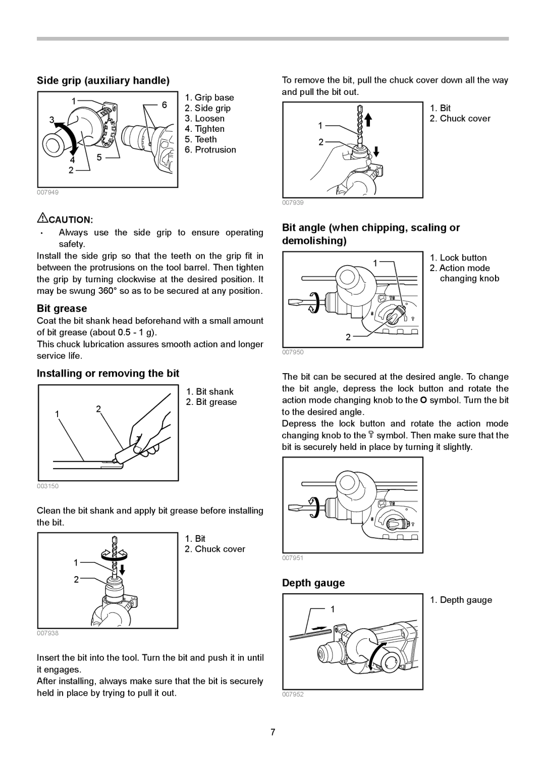 Makita HR2470T, HR2470FT instruction manual Side grip auxiliary handle, Bit grease, Depth gauge 