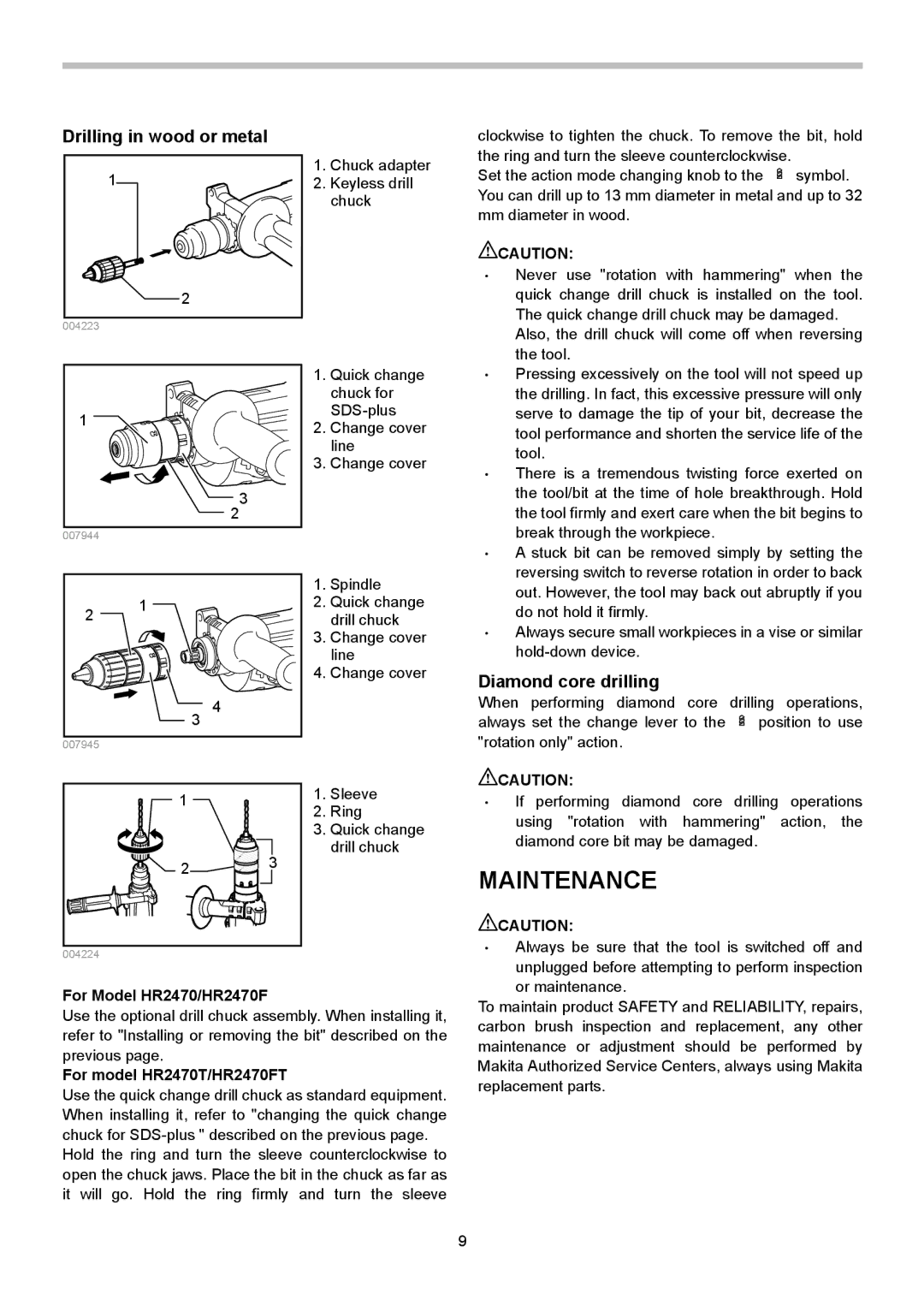 Makita HR2470FT, HR2470T Maintenance, Drilling in wood or metal, Diamond core drilling, For Model HR2470/HR2470F 