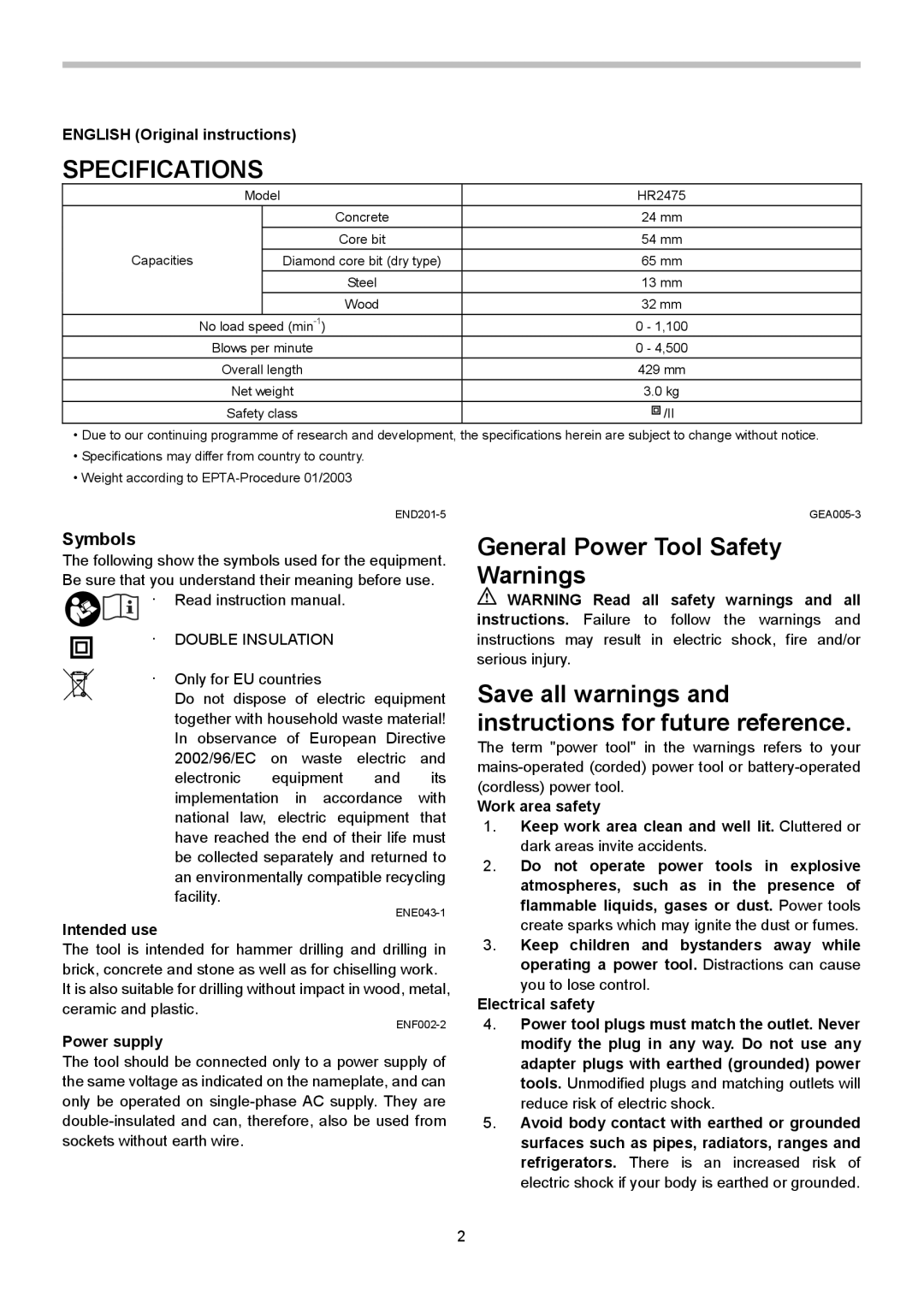 Makita HR2475X2 instruction manual Specifications, Symbols, English Original instructions, Intended use, Power supply 