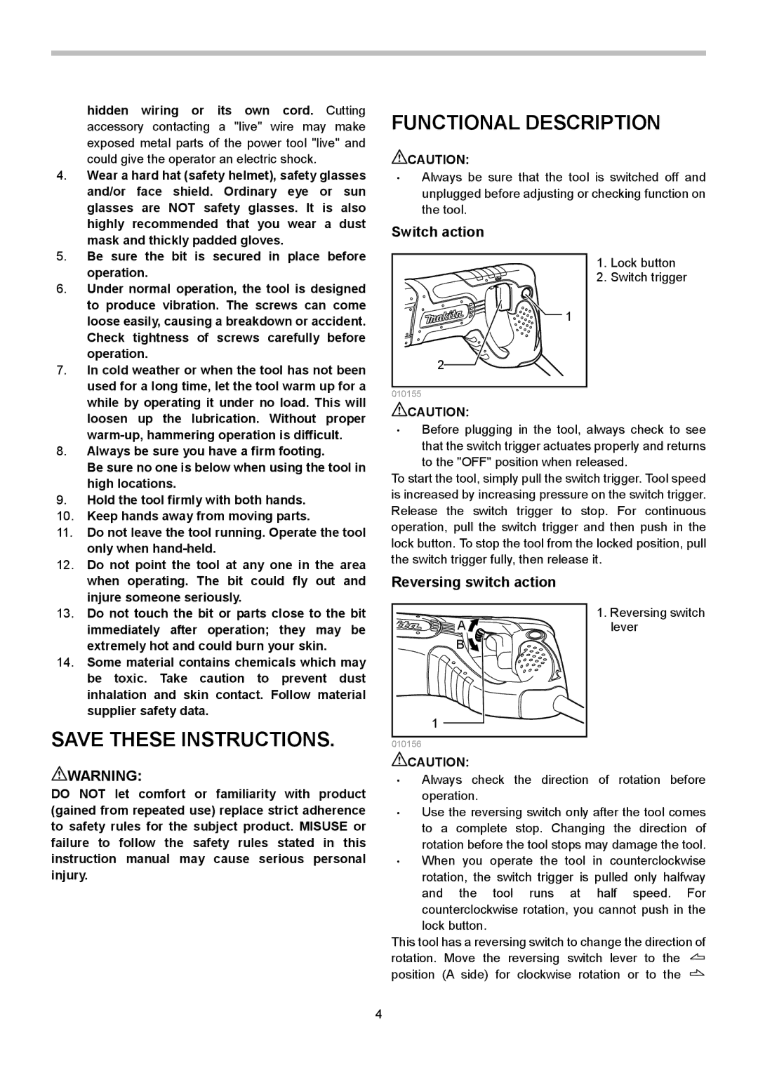 Makita HR2475X2 instruction manual Functional Description, Switch action, Reversing switch action 