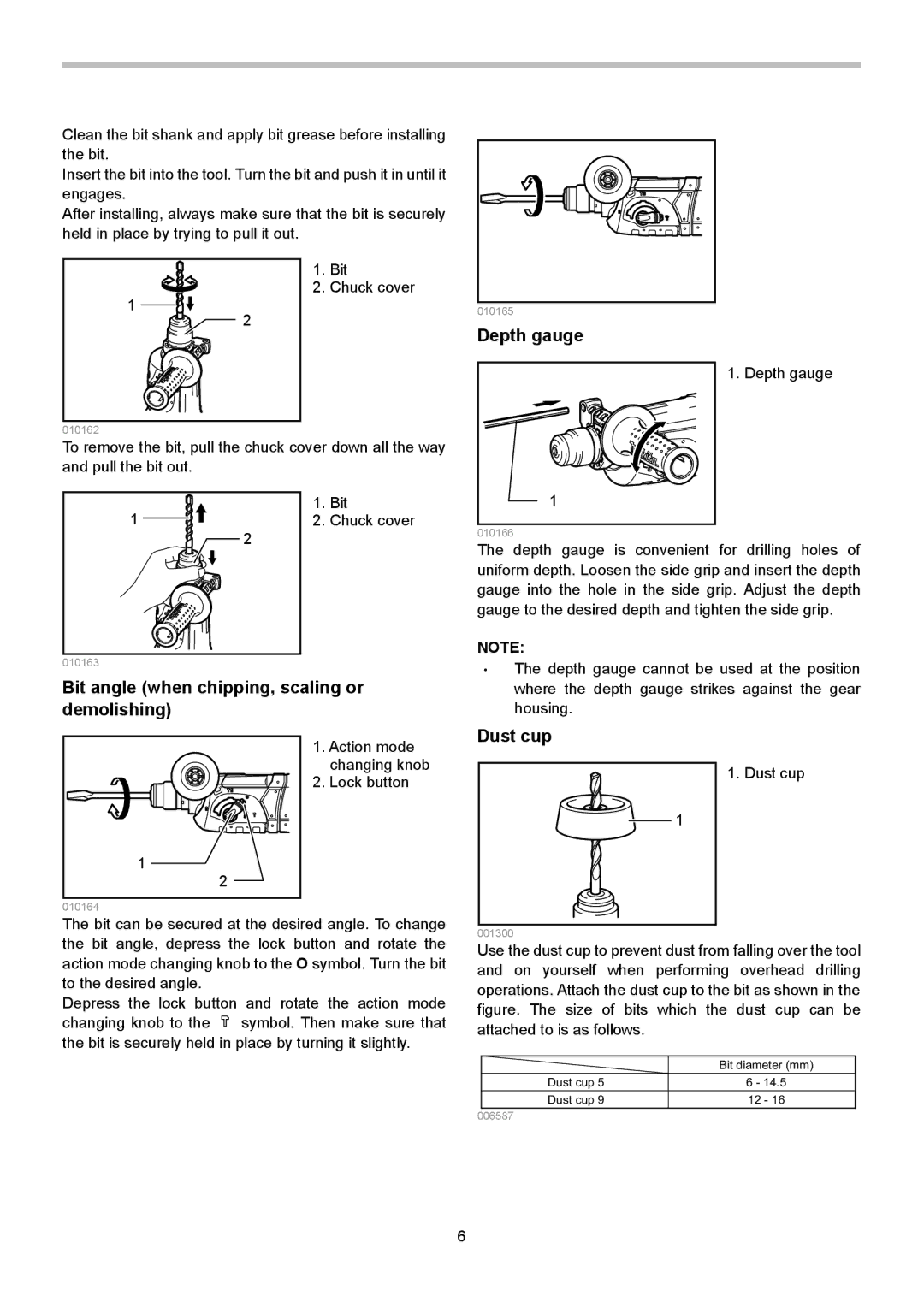 Makita HR2475X2 instruction manual Depth gauge, Bit angle when chipping, scaling or demolishing, Dust cup 