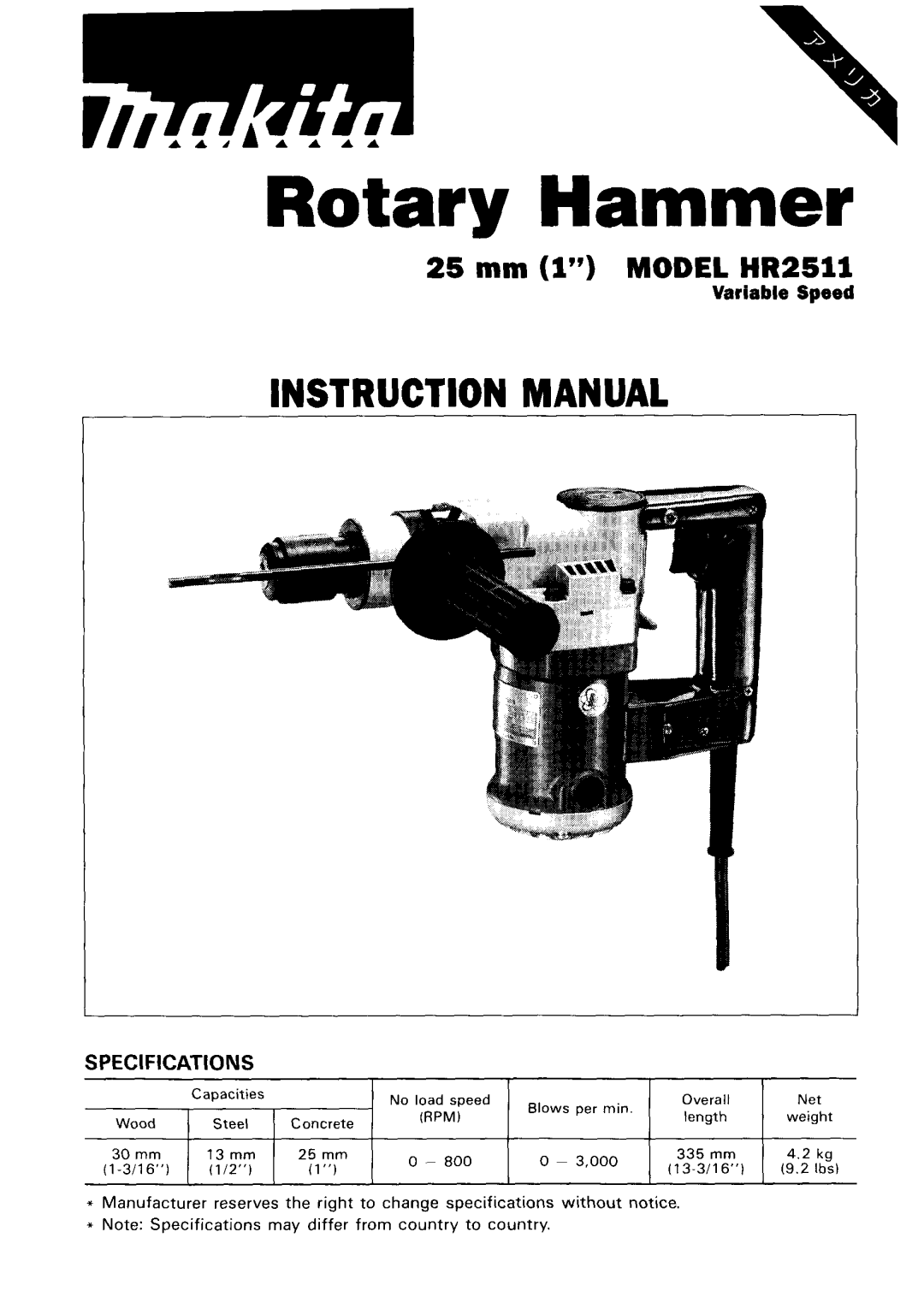 Makita HR2511 instruction manual Rotary Hammer 