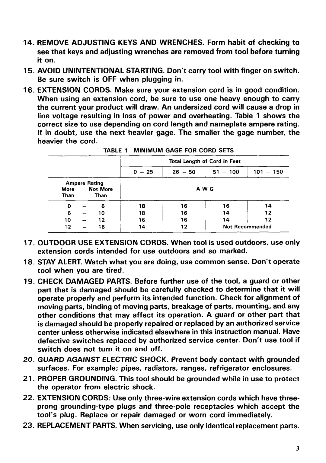 Makita HR2511 instruction manual Minimum Gage for Cord Sets 