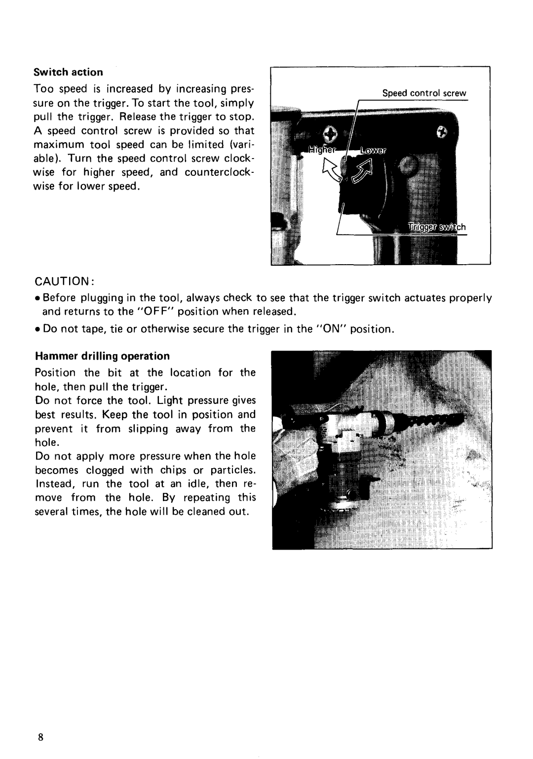 Makita HR2511 instruction manual Switch action 