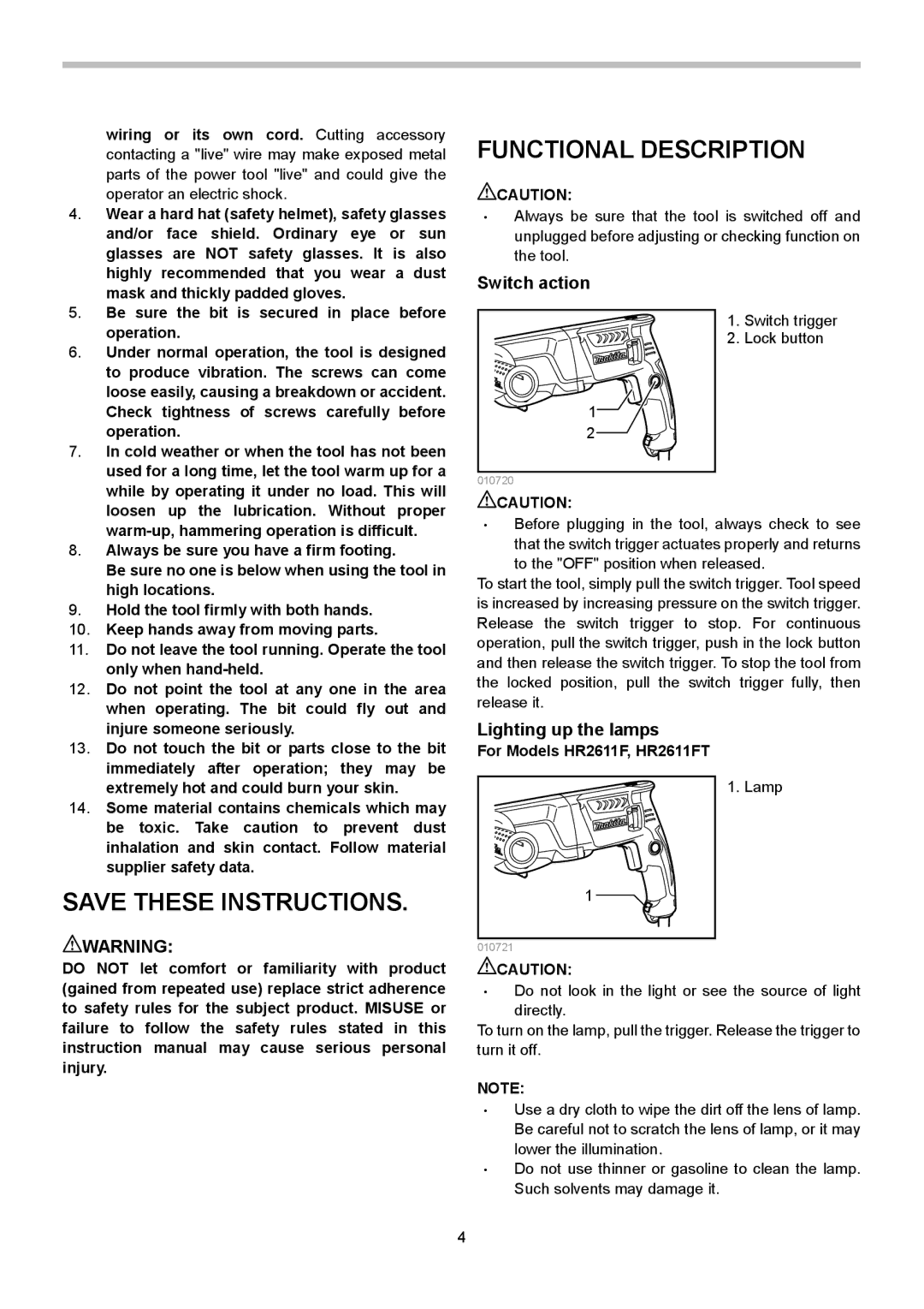 Makita HR2611F instruction manual Functional Description, Switch action, Lighting up the lamps 