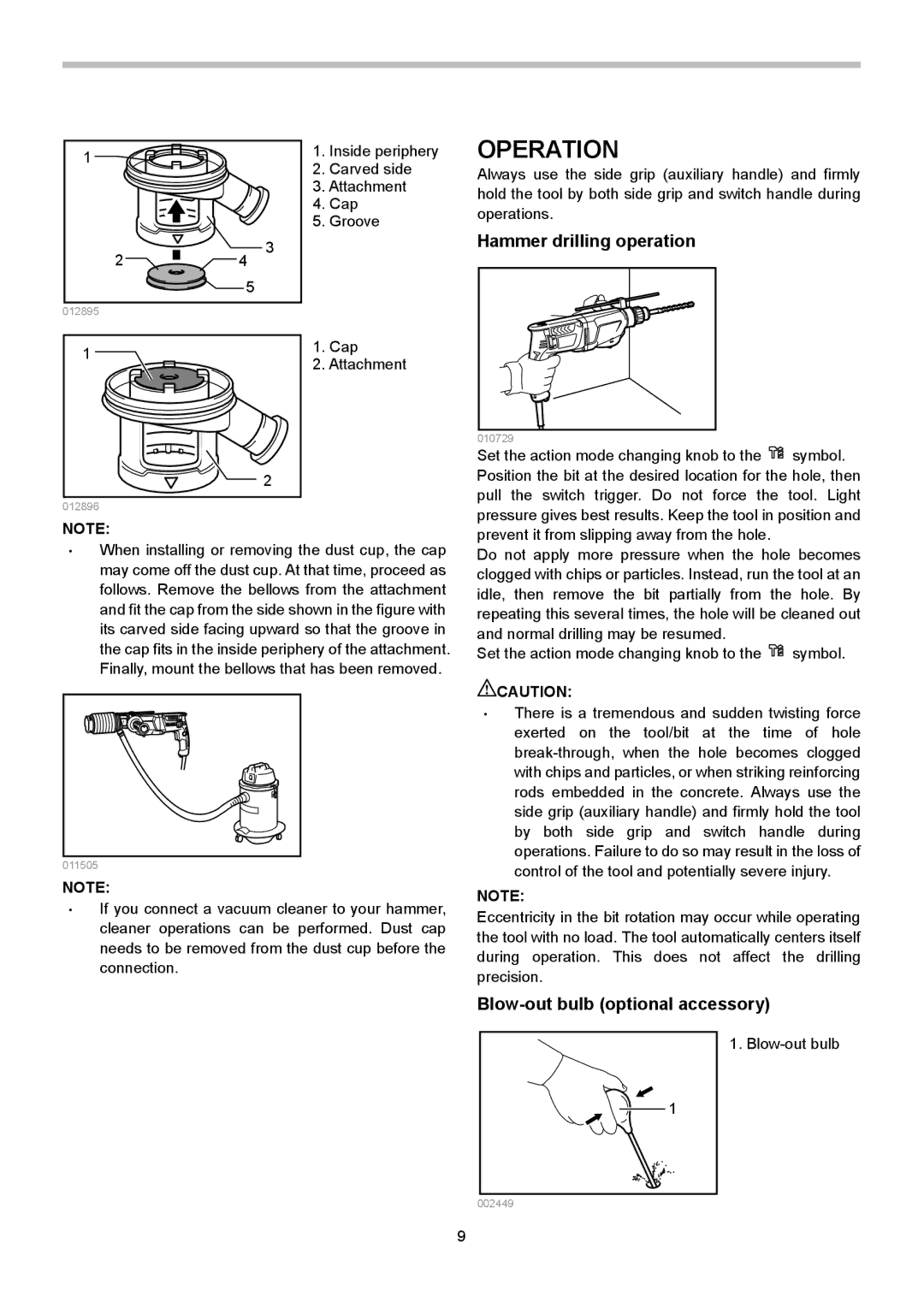 Makita HR2611F instruction manual Operation, Hammer drilling operation, Blow-out bulb optional accessory 