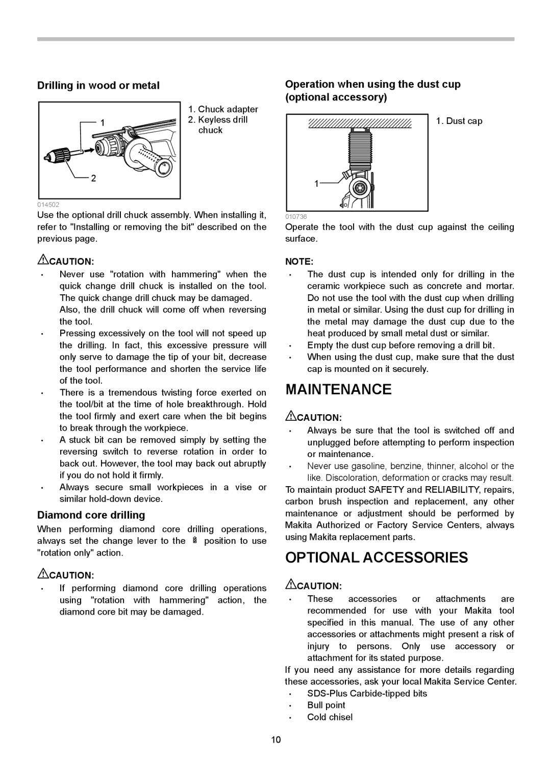 Makita HR2621X2 instruction manual Maintenance, Optional Accessories, Drilling in wood or metal, Diamond core drilling 