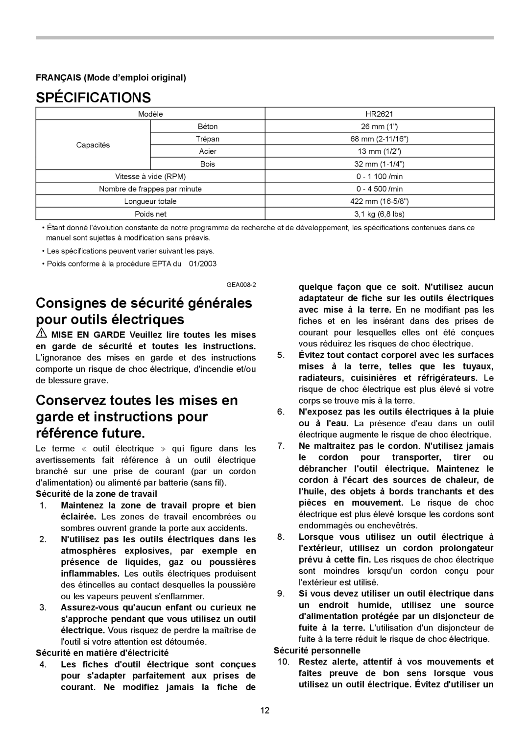 Makita HR2621X2 instruction manual Spécifications, Français Mode d’emploi original 