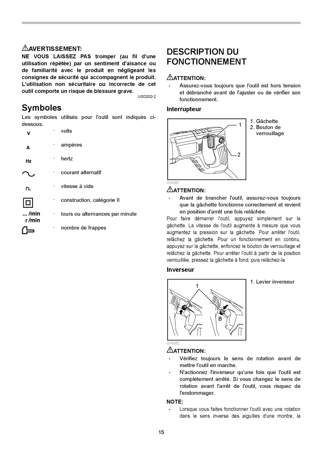 Makita HR2621X2 instruction manual Description DU Fonctionnement, Interrupteur, Inverseur 